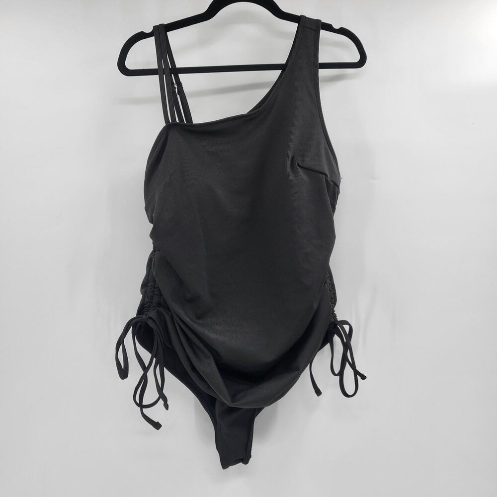 Black Ribbed Ruched Tie Side One Piece Swimsuit Women's Plus Size 3XL Beach